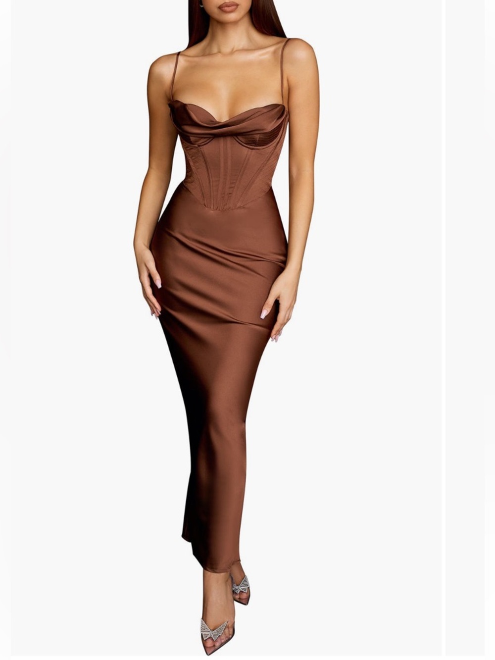 House of CB Brown Satin Column Dress Full Cup